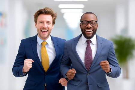 Two men are running joyfully in suits through a well-lit corridor. Their expressions convey excitement and collaboration. Concept of business, teamwork, motivation.の素材