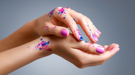 Hands adorned with vibrant glitter and nail polish, showcasing artistic expression and creativity. Soft grey background enhances the visual appeal. Concept of beauty, cosmetics, craft.の素材