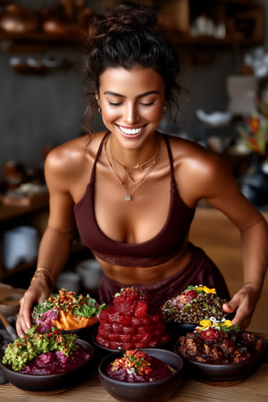 Yoga instructor arranging colorful aai bowls on wooden counter in bright airy studio. Warm natural light enhances relaxing atmosphere. Concept of wellness, healthy lifestyle, holistic nutrition.の素材
