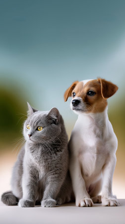 Cat and dog sitting side by side, capturing attention with their friendly expressions. Soft blurred background enhances focus on animals.の素材