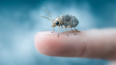 Robot-like insect balances on fingertip, blending technology with nature. Blue blurred background creates a surreal atmosphere. Concept of innovation, science, technology.の素材