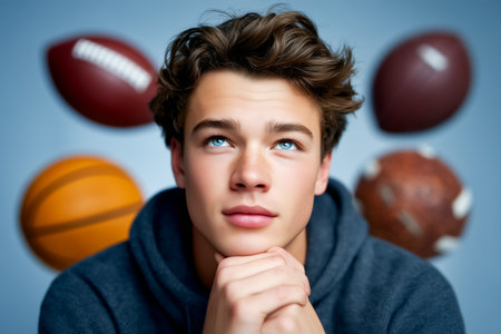 Young man with blue eyes resting chin on hands looking upwards while surrounded by footballs and a basketball. Indoor setting with vivid blue wall. Concept of sports, youth athletics, motivation.の素材