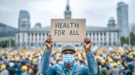 Protester raises sign reading health for all in front of large supportive crowd wearing yellow helmets. Urban setting with prominent buildings in background.の素材