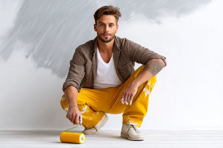 Man squats with paint roller in hand, applying gray paint to white wall. Bright yellow pants contrast with modern interior setting. Concept of home improvement, interior design, renovation.の素材