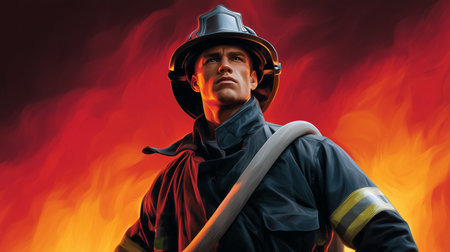 Firefighter stands confidently against roaring flames, capturing determination in challenging situation. Dramatic background with vibrant red and orange hues symbolizes urgency.の素材