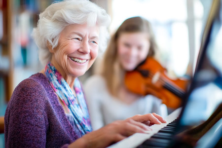 Elderly woman plays piano with a joyful smile as young girl accompanies with violin. Warm atmosphere in a well-lit music room fostering creativity. Concept of music education, community, connection.の素材