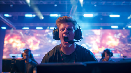 Gamer passionately screams while playing at esports tournament surrounded by colorful lights and large screens displaying intense visuals. Concept of gaming, competition, entertainment.の素材