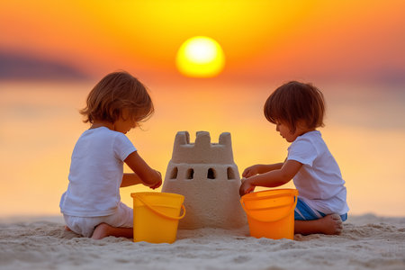 Children construct sandcastle on beachfront as the sun sets, creating a warm, colorful backdrop. Soft sand beneath them adds to the seaside atmosphere.の素材