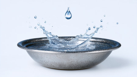 Water droplet falling into metal bowl causing splash with clear ripples. Clean white background emphasizes movement and freshness. Concept of culinary, beverage industry, product marketing.の素材