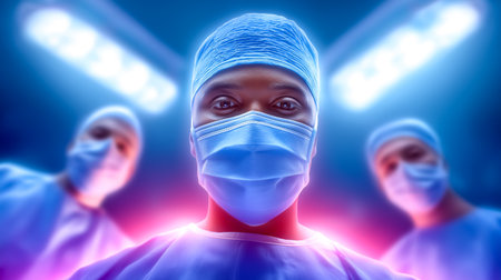 Medical professionals wearing surgical masks and caps are focused and looking at camera in an operating room. The bright, sterile environment highlights their role in healthcare.の素材