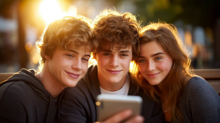 Three teenagers sitting close, smiling at smartphone in hand. Warm sunset light creates a cozy atmosphere in an outdoor setting. Concept of friendship, social interaction, youth culture.の素材