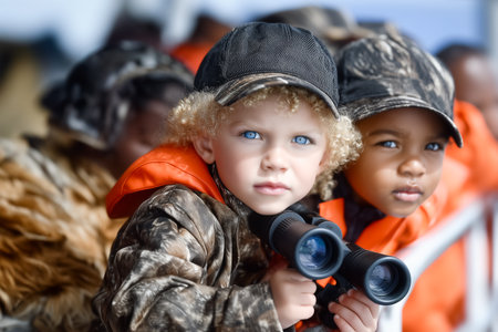 Children using binoculars to observe wildlife in an outdoor environment. Bright clothing contrasts with natural surroundings, fostering exploration and curiosity.の素材