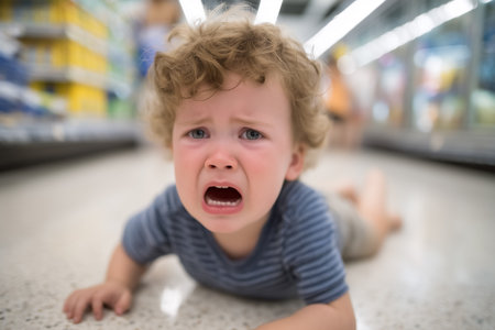 Child crawls on clean supermarket floor, tears streaming down face in distress. Brightly lit aisles filled with colorful products create busy shopping environment.の素材
