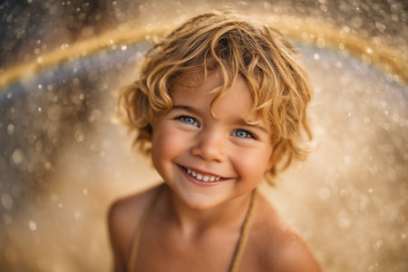 Child with curly blond hair smiling brightly in front of sparkling water droplets. Colorful rainbow arcs behind in outdoor setting. Concept of childhood, happiness, outdoor play.の素材