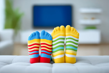 Striped socks resting on cozy couch in stylish living room. Bright colors add a cheerful atmosphere to contemporary space. Concept of home comfort, fashion, relaxation.の素材