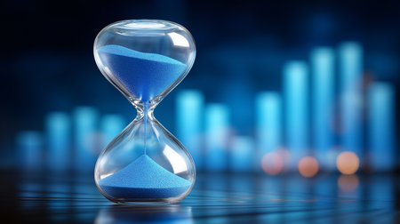 Hourglass filled with blue sand positioned in front of investment chart displayed on glass wall.の素材