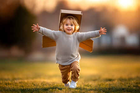 Child dressed in cardboard box celebrates playful imagination while running in grassy field during golden hour. Warm glowing sunset enhances joyful atmosphere.の素材