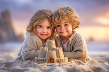 Children constructing sandcastle on soft beach sand, golden sunset illuminating joyful faces. Warm beach setting fosters creativity and fun. Concept of family activities, childhood, summer adventures.の素材