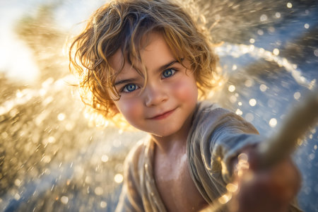 Child runs through splashing water with a big smile. Sunlight creates a glow and sparkling droplets around. Bright outdoor setting, playful atmosphere.の素材