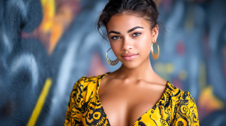 Woman looking at camera with confident expression in bright yellow patterned dress. Urban setting with colorful graffiti wall creates vibrant atmosphere. Concept of fashion, self-expression, art.の素材