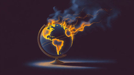 Globe engulfed in flames symbolizing intense global warming effects and environmental urgency. Dark setting enhances visual drama. Concept of climate awareness, education, sustainability.の素材