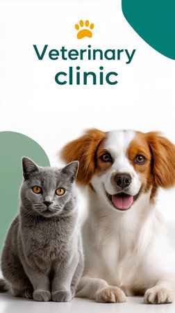Cat and dog pose together in friendly manner. Soft colors create inviting atmosphere with blurred background. Concept of pet care, veterinary services, animal companionship.の素材