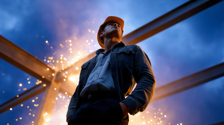 Worker in hard hat looks confidently upwards amidst flying sparks at construction site. Twilit setting enhances the dynamic atmosphere with dark skies. Concept of construction, safety, labor.の素材
