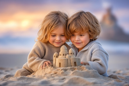 Children focus on crafting intricate sandcastle at the beach. Soft colors of sunset create warm, inviting atmosphere. Concept of childhood joy, creativity, family bonding.の素材