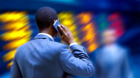 Businessman talking on smartphone in contemporary office with vibrant digital displays. Reflective atmosphere with stock market visualizations.の素材