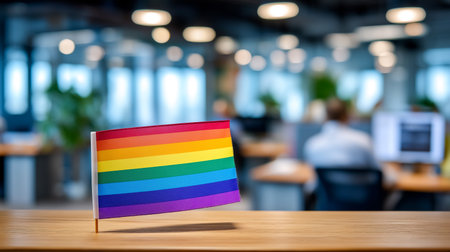 Pride flag stands on desk in contemporary office space with blurred background of employees at work. Emphasis on diversity, equality, and inclusion.の素材