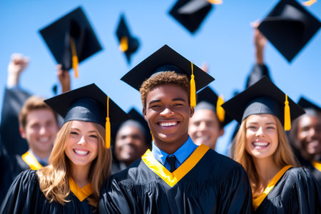 Graduates joyfully celebrate their accomplishments by tossing caps in the air. Bright blue sky setting enhances festive atmosphere. Concept of education, milestone celebration, graduation events.の素材
