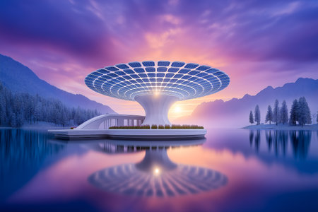 Futuristic pavilion with solar panels situated on calm lake, vivid sunset in background. Surrounding mountains and trees create peaceful nature setting.の素材