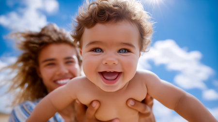 Baby smiles widely while being lifted by parent in bright outdoor setting. Clear blue sky and soft clouds create cheerful atmosphere. Concept of family, child development, parenting.の素材