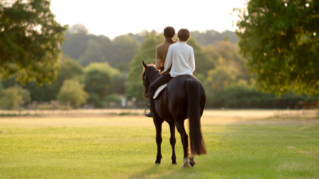 Couple riding horse together while enjoying sunset in serene open field. Lush greenery and distant trees create tranquil environment. Concept of outdoor activities, relationships, scenic experiences.の素材