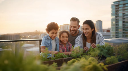 Family engages in gardening together on rooftop, cultivating fresh vegetables in wooden planters. Urban cityscape in background, warm sunset lighting enhances joy of family activity.の素材
