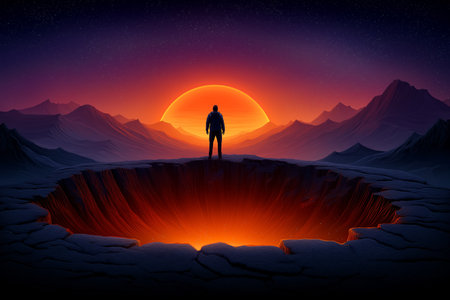 Man stands at the edge of a deep chasm, admiring a fiery sunset illuminating the landscape. Majestic mountains rise in the background under a starry twilight sky.の素材