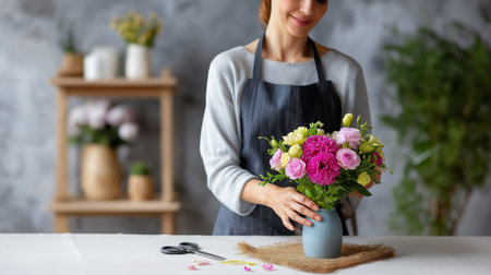 Woman arranging colorful flowers in a rustic vase while focusing on creating a beautiful bouquet. Bright studio with soft decor and plant accents. Concept of floral design, interior decor, events.の素材
