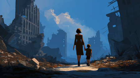 Mother and child stroll through ruined landscape with fractured buildings silhouetted against a vibrant blue sky. Dramatic setting evokes themes of survival and renewal.の素材