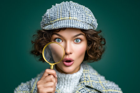 Woman holds magnifying glass close to her eye with surprised expression. Vibrant green background enhances playful curiosity. Concept of detective work, investigation, fashion.の素材