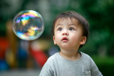 Young child looks at a floating bubble with awe in a vibrant playground. Lush green surroundings create a cheerful atmosphere. Concept of childhood, play, outdoor activities, wonder.の素材
