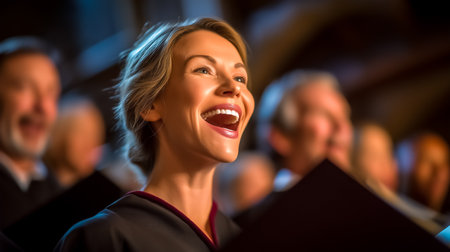 Woman singing with joy and enthusiasm while participating in a choir performance. Dimly lit venue enhances the emotional atmosphere of the event. Concept of music, celebration, community.の素材