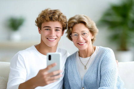 Young man smiling while taking a selfie with grandma in a bright living room. Warm atmosphere with soft furnishings. Concept of family bonding, home comfort, generational connection.の素材