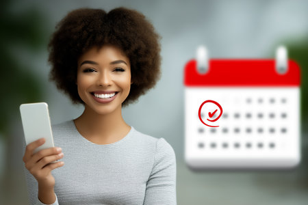 Woman looking at camera holds smartphone in hand, checking calendar app with planned events. Soft blurred outdoor background creates a friendly atmosphere.の素材