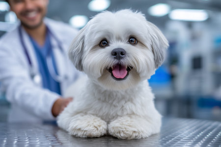 Dog with fluffy white fur looks happy at veterinary clinic during health checkup. Bright, well-equipped facility promotes pet care. Concept of animal health, veterinary services, pet wellness.の素材
