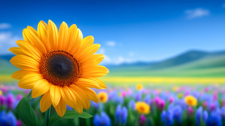 Sunflower blooms prominently in foreground with colorful flowers spread across lush green field. Bright blue sky enhances tranquil setting. Concept of nature, gardening, floral design.の素材