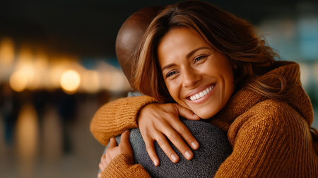 Man and woman share a heartfelt embrace with smiles, radiating warmth and connection. Setting features soft, warm lighting creating an inviting atmosphere.の素材