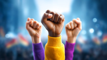 Fists raised high in the air, symbolizing unity and determination. The colorful sweaters enhance the celebratory atmosphere. Crowded street setting with blurred background.の素材