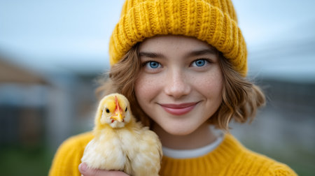 Girl looks at camera while holding fluffy yellow chick close to her face. Soft focus background shows a rural setting. Concept of farming, childhood joy, animal care.の素材