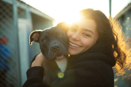 Woman embraces cute puppy in warm sunset glow at animal shelter. Joyful connection shows love for animals. Concept of animal welfare, adoption programs, dog shelters.の素材