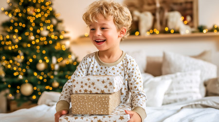 Happy boy with curly hair holds festive gifts while sitting on bed. Warm, inviting setting with decorated Christmas tree and soft bedding. Concept of holiday cheer, family gatherings, celebrations.の素材